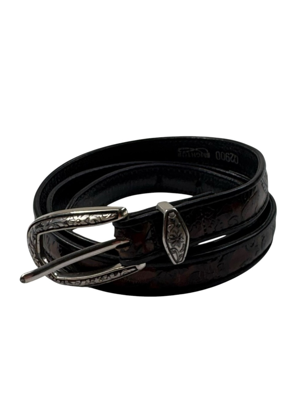 Brighton Women's 02900 Brown Tooled Leather Silver Buckle Slim Belt Large L 34